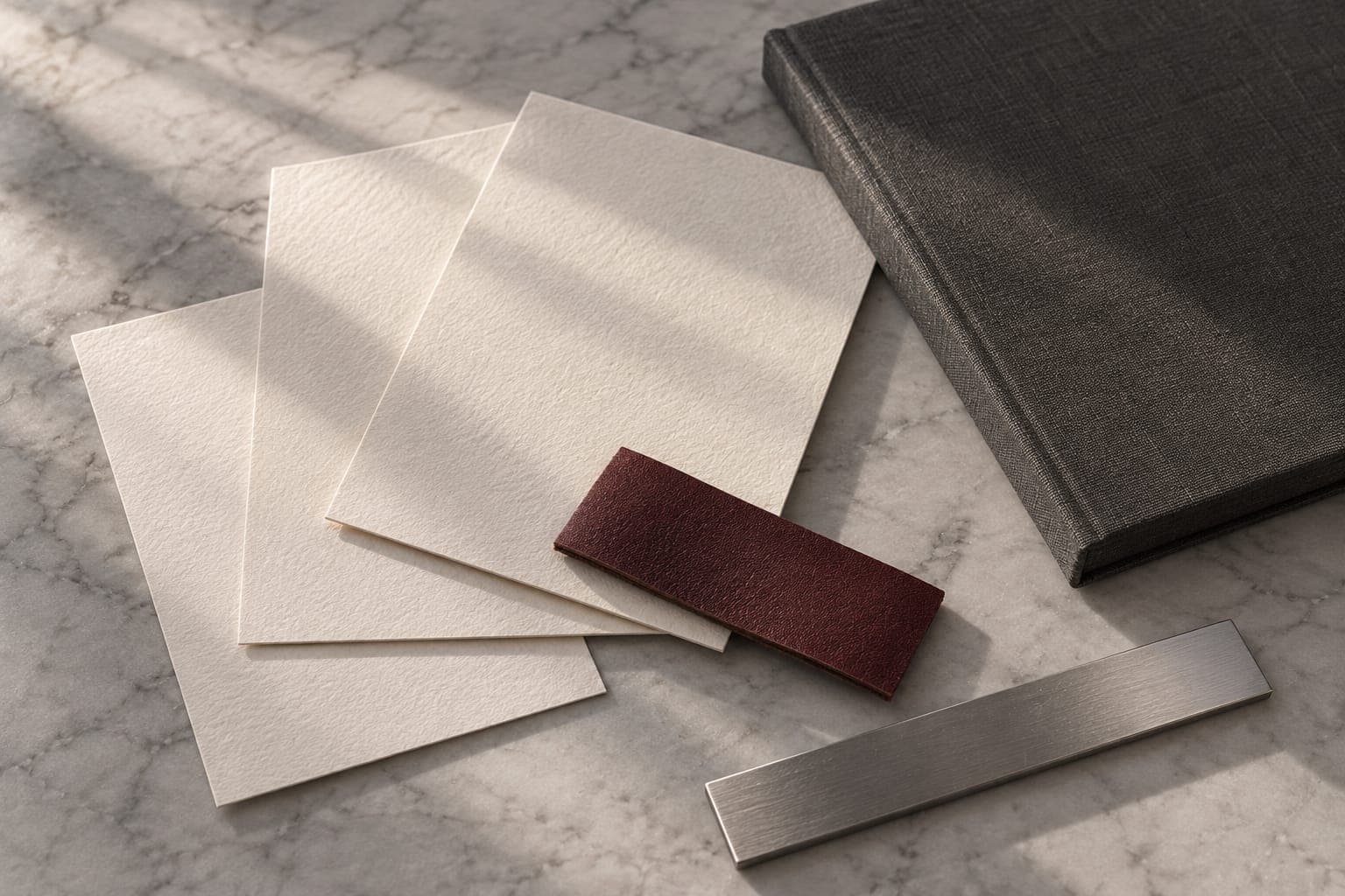 Ivory paper swatches, a charcoal folder and a burgundy leather sample on marble